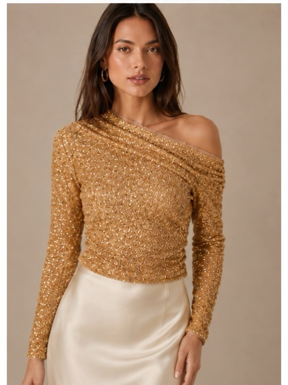 NWT Self-Portrait Gold Sequin Asymmetric One Shoulder Top Size 10